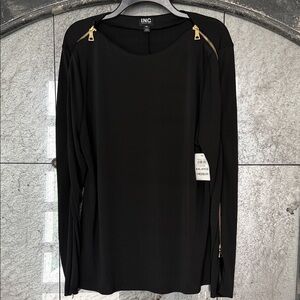 INC International Concepts Black Long Sleeve Top with Gold Zippers